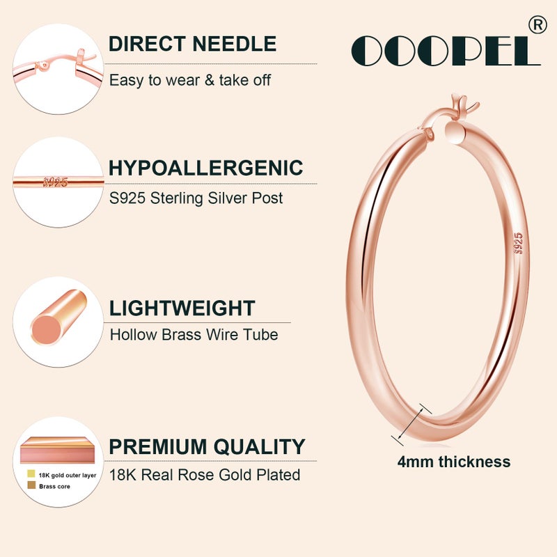OOOPEL Thick Rose Gold Hoop Earrings For Women Sterling Silver Chunky Rose Gold Hoop Earrings Lightweight Small Large Tube Hoop Earrings For Womens Hollow Rose Gold Hoop Earrings Chunky Rose Gold Hoops - Image 4